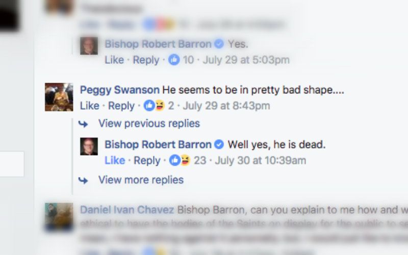 Bp. Robert Barron Hilariously Replies to Negative Comments About Relics on Facebook