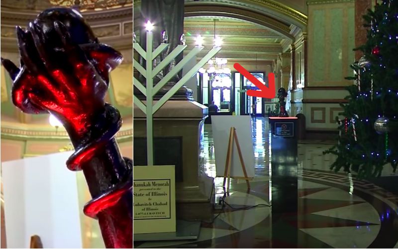 "This is Insulting": Satanic Temple Displays "Snaketivity" Sculpture Near Nativity & Hanukkah Menorah at Illinois Capitol
