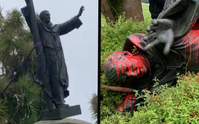 "This is Sacrilege": St. Junípero Serra Statue Toppled & Defaced in San Francisco