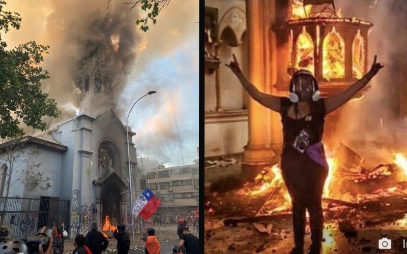 Rioters Set Fire, Celebrate Destruction of Two Historic Catholic Churches in Chile