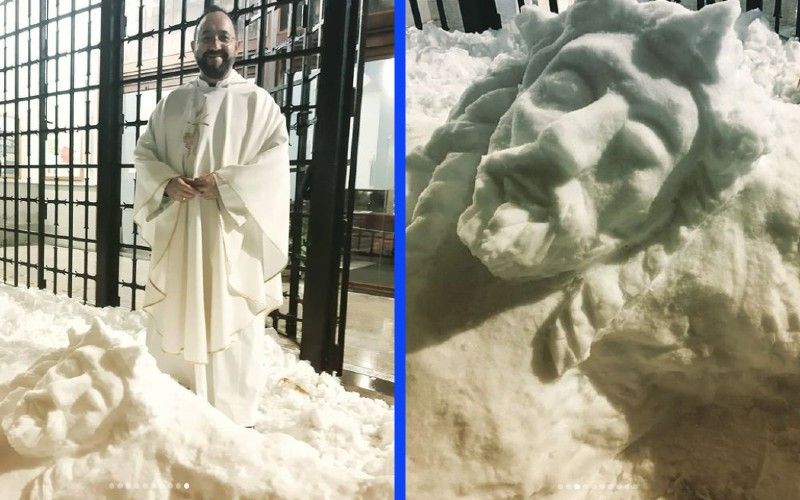 "My Snow Christ": Priest Builds Amazing Snow Crucifix After Winter Storm in Madrid