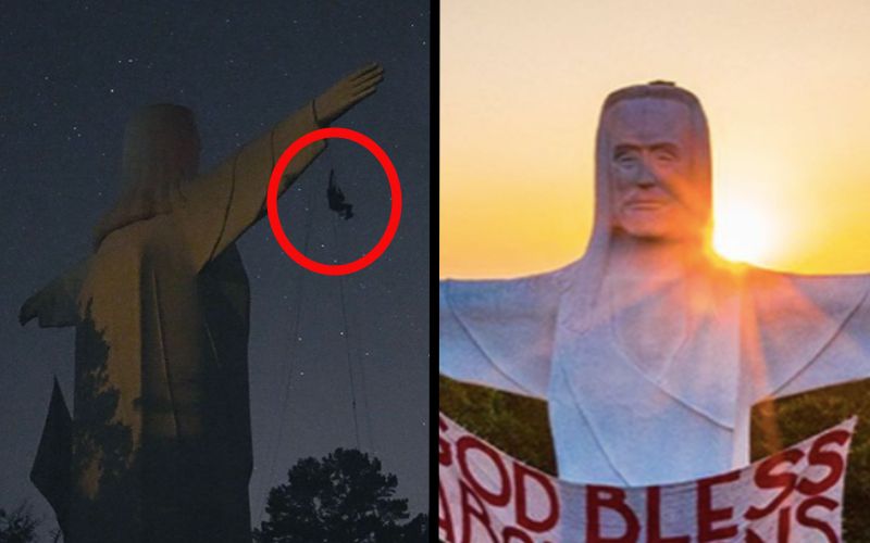 Vandals Desecrate 7-Story Christ Statue With "God Bless Abortions" Banner in Arkansas
