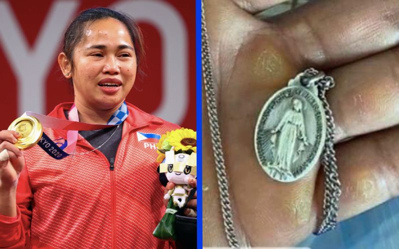 Olympian Lifts Up Our Lady's Miraculous Medal After Winning Gold Medal for the Philippines