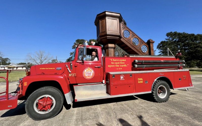 Fire Truck Transformed into "Friar Truck" Pulpit for 100-Hour Bible Marathon in Louisiana