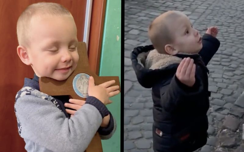 Ukrainian Catholic Boy Hugs Crucifix, Chants & Prays for Country in Soul-Stirring Videos